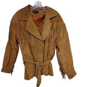 L.A. Studio Suede Fringe Zip Front Tie Belt Jacket Tan Western Boho‎ Festival S